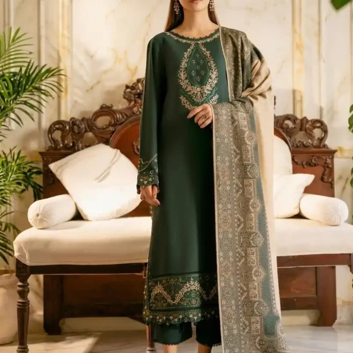 Verdant Glow – Premium Embroidered Plant Green Lawn 3PC Suit